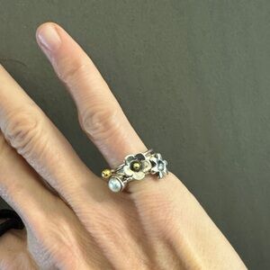 Floral Silver and Gold Stacking Rings with Pearl Accent